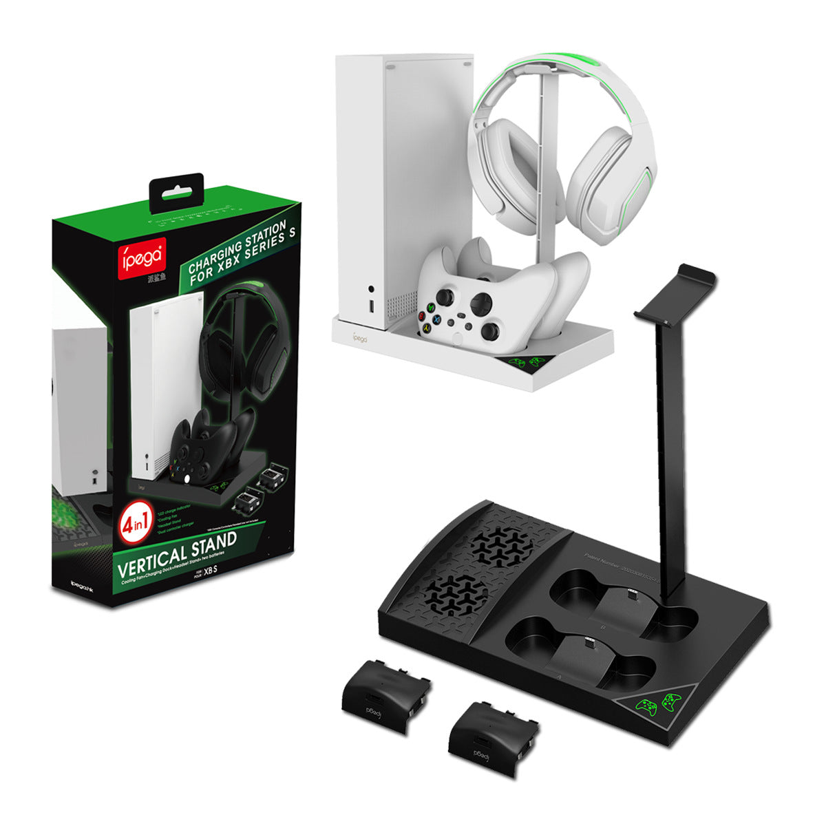 Xbox Series S Cooling Station showing headset holder and battery packs